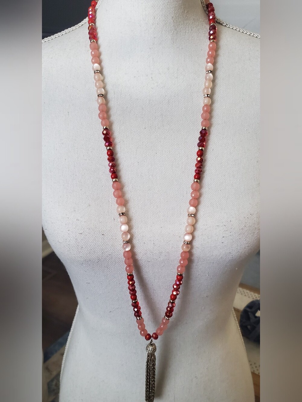 WHBM Pink, Berry Beaded Tassel Necklace & Stretch Bracelet Set | Crystal Accents - Picture 3 of 10
